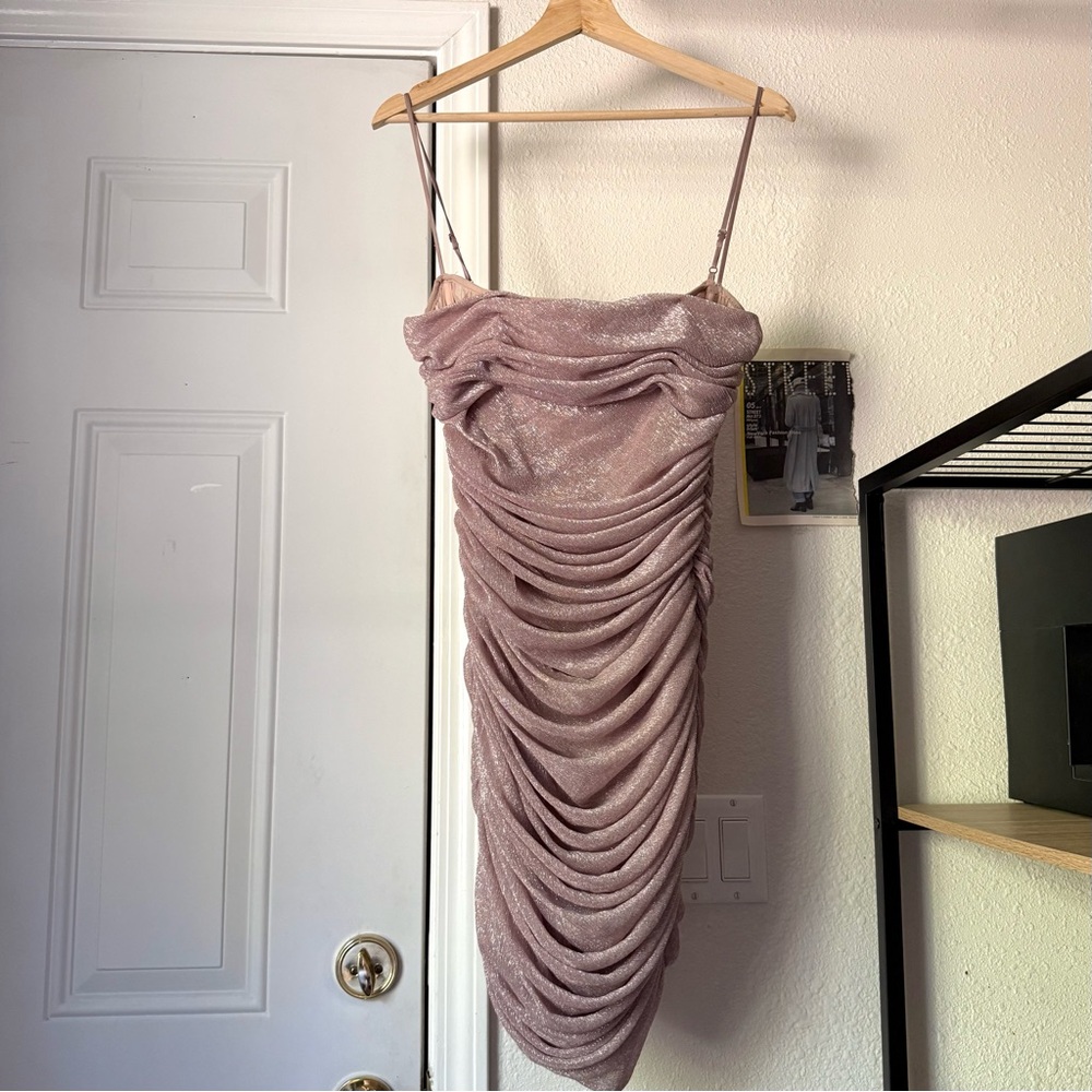 HOUSE OF CB pink sparkly metallic glitter ruched bodycon sleeveless mini dress